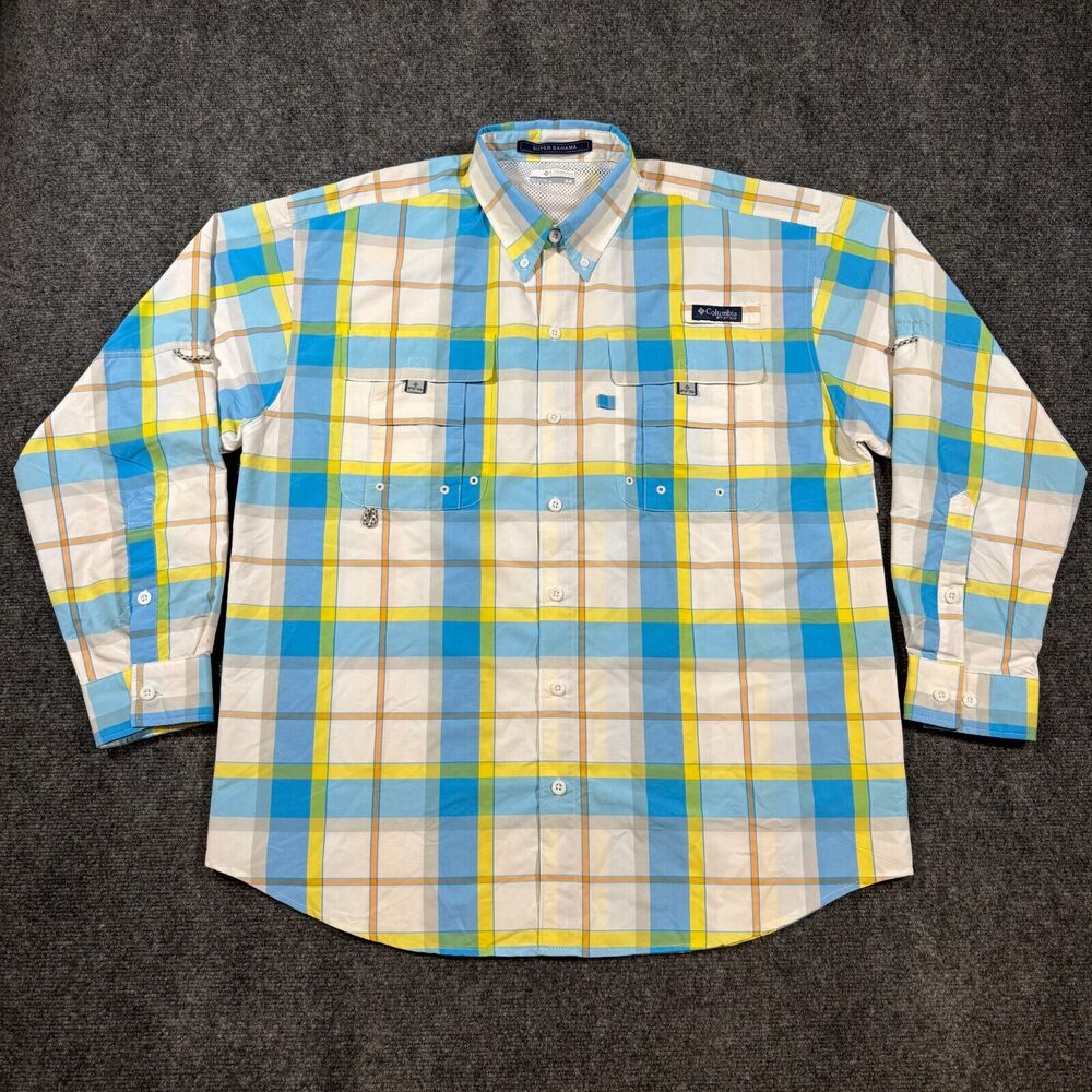 Columbia Super Bahama Men Shirt M Plaid PFG Performance Fishing Gear FM7188-462